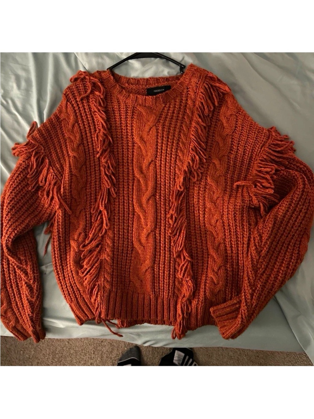 Forever 21 Rust Cable-Knit Fringe Crew Neck Long Sleeve Sweater Women 2X